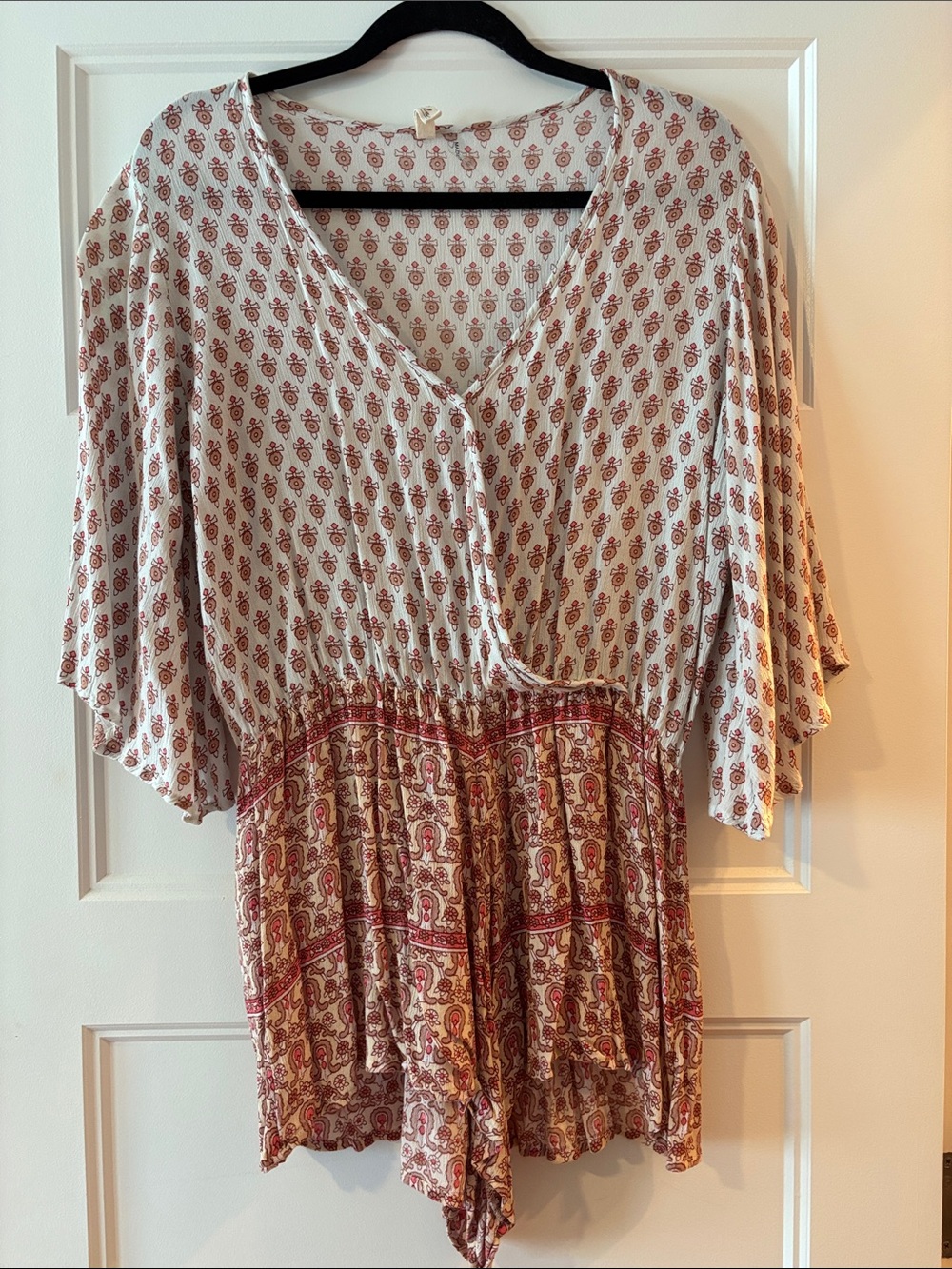 Elan Boho Printed Tie-Waist Blouse in Cream and Rust